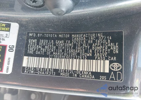 2014 Toyota Corolla Le z USA, uszkodzony, nr VIN 2T1BURHE6EC212612